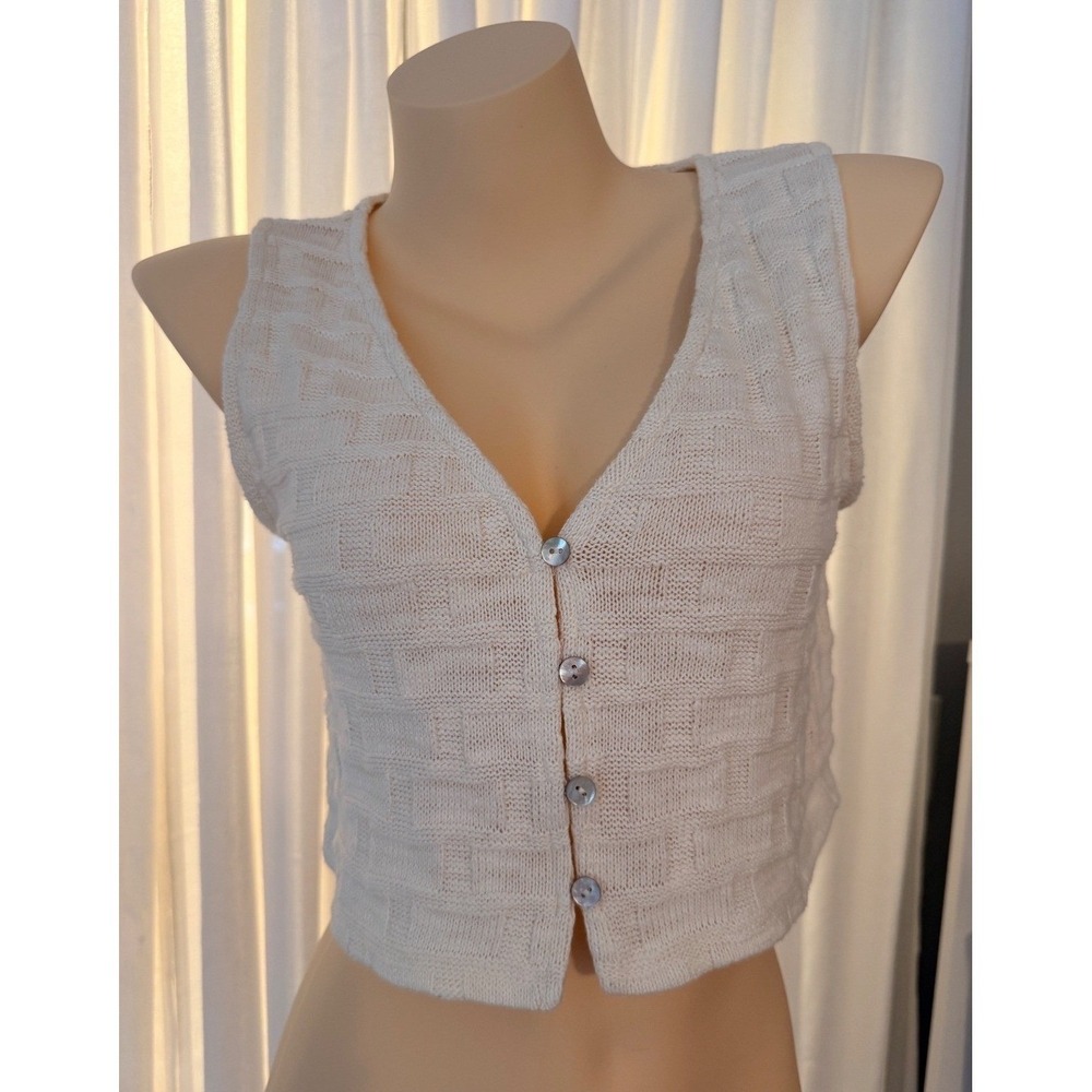 Madewell Womens XS White Textured Knit Button Front Cropped Sweater Vest Top